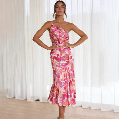 Eliza™ – Blommig one-shoulder klänning