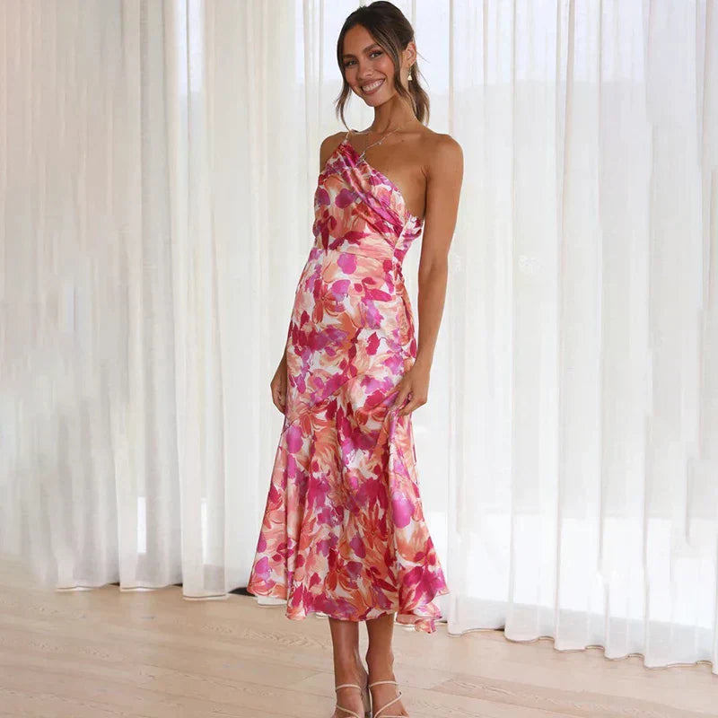 Eliza™ – Blommig one-shoulder klänning