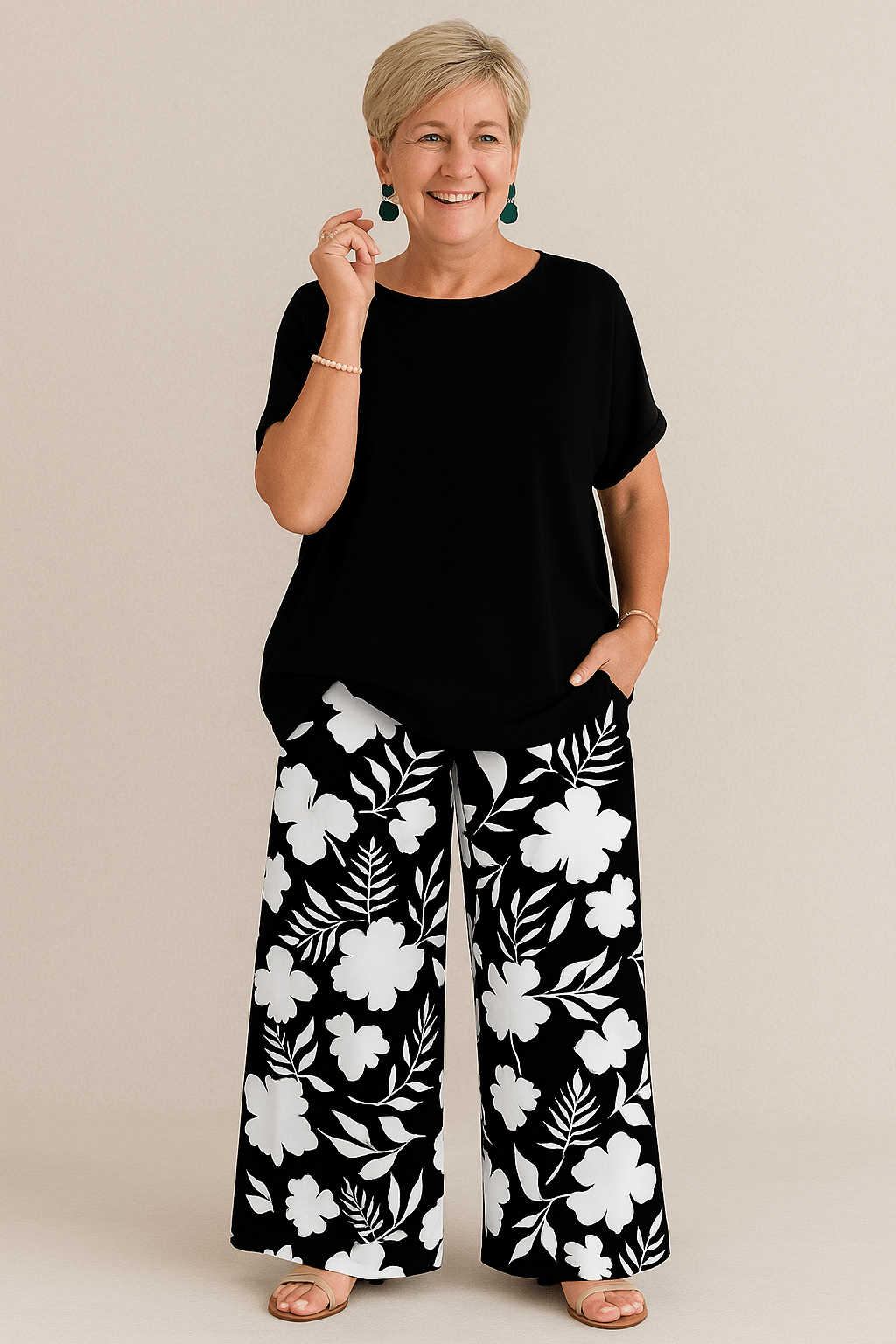 Ebba™ – Somrigt set med blommiga vida byxor & lös topp