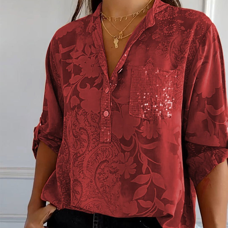 Sonja™ – Blus med blomsterkänsla och glittrande elegans